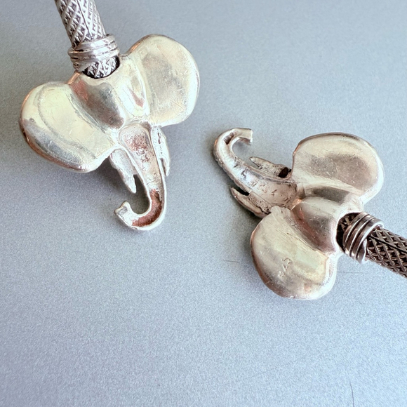 Sterling Silver 925 Elephant Heads Bangle Cuff Artisan Mesh Bracelet - Picture 6 of 7